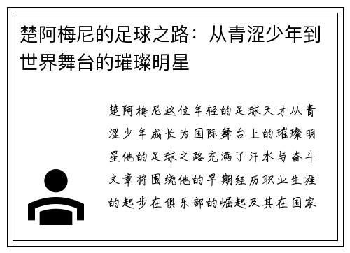 楚阿梅尼的足球之路：从青涩少年到世界舞台的璀璨明星