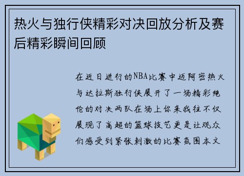 热火与独行侠精彩对决回放分析及赛后精彩瞬间回顾